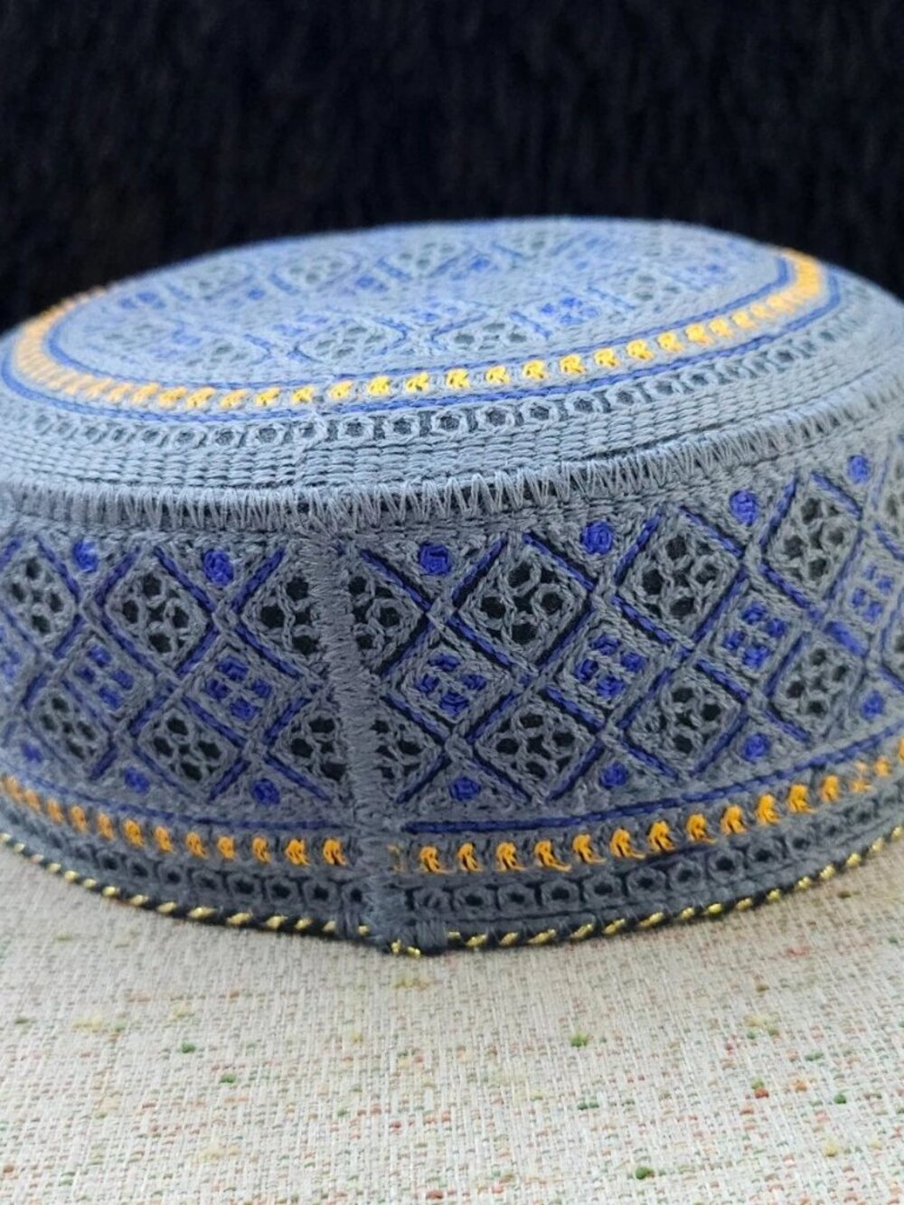 Men Hat Embroidery Gray/Blue Round Topi Cap Traditional Prayer Muslim Size 55cm - Picture 6 of 10